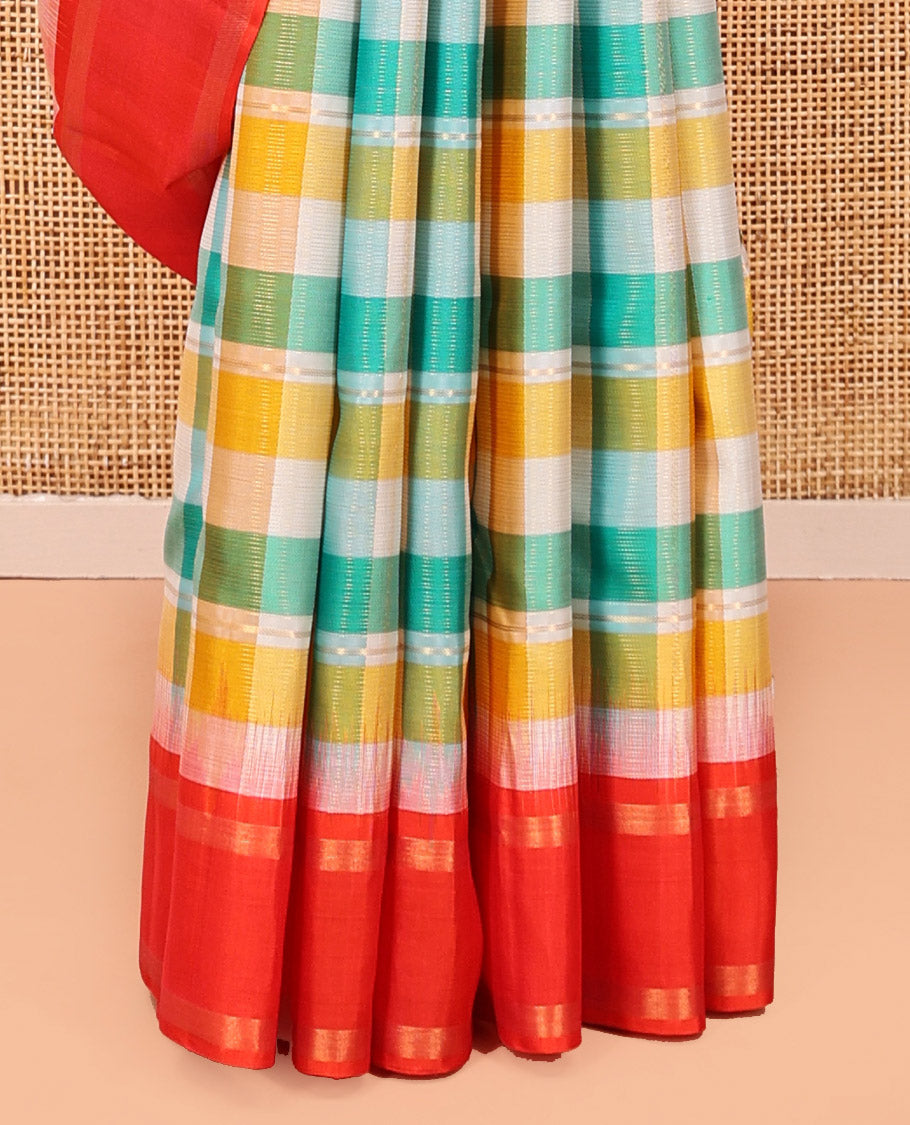 Multi-Color Checked Kanchipuram Silk Saree, a Contrast Bodi Border, Grand Pallu, and a Contrast Blouse
