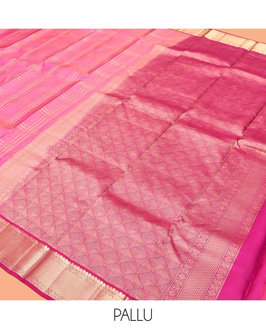 Pink Kanchipuram Silk Saree, Accentuated with Zari Checks, Complemented By Contrast Border, of Manga, Rekku, Banaras, Arai Maadam Designs,  Jaal Pallu, and a Contrast Blouse