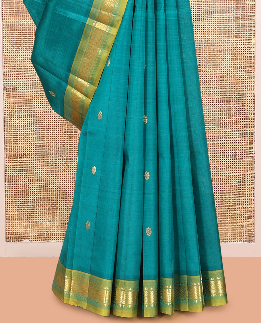 Green Zari Buttas Kanchipuram Silk Saree, Complemented by a Contrast Border of Rekku and Mayil Kann Design, Pallu of Zari Design, and No Blouse