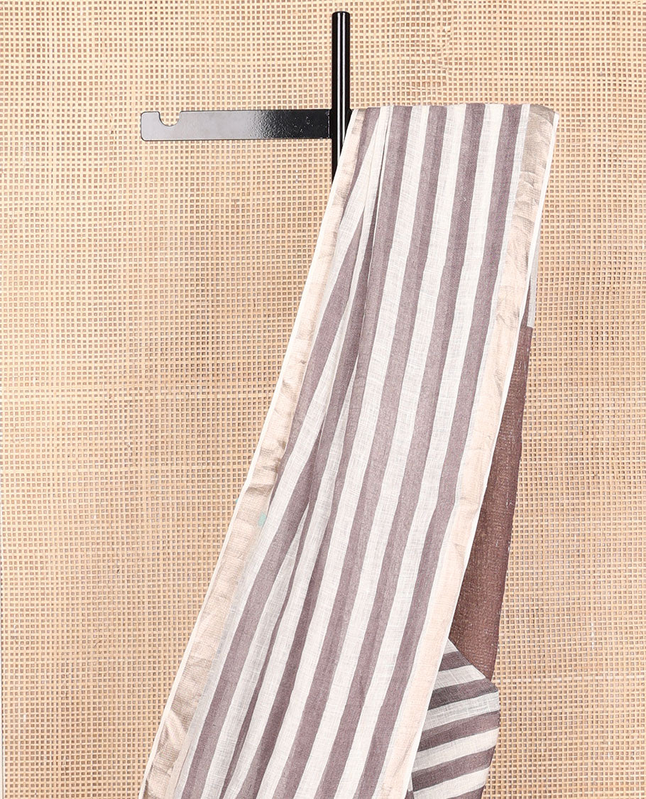 Brown and white stripes printed linen saree, zari border & pallu of stripes