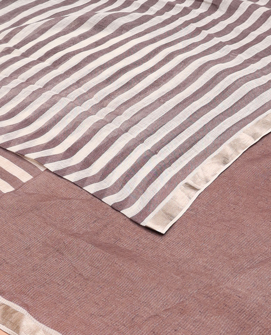 Brown and white stripes printed linen saree, zari border & pallu of stripes