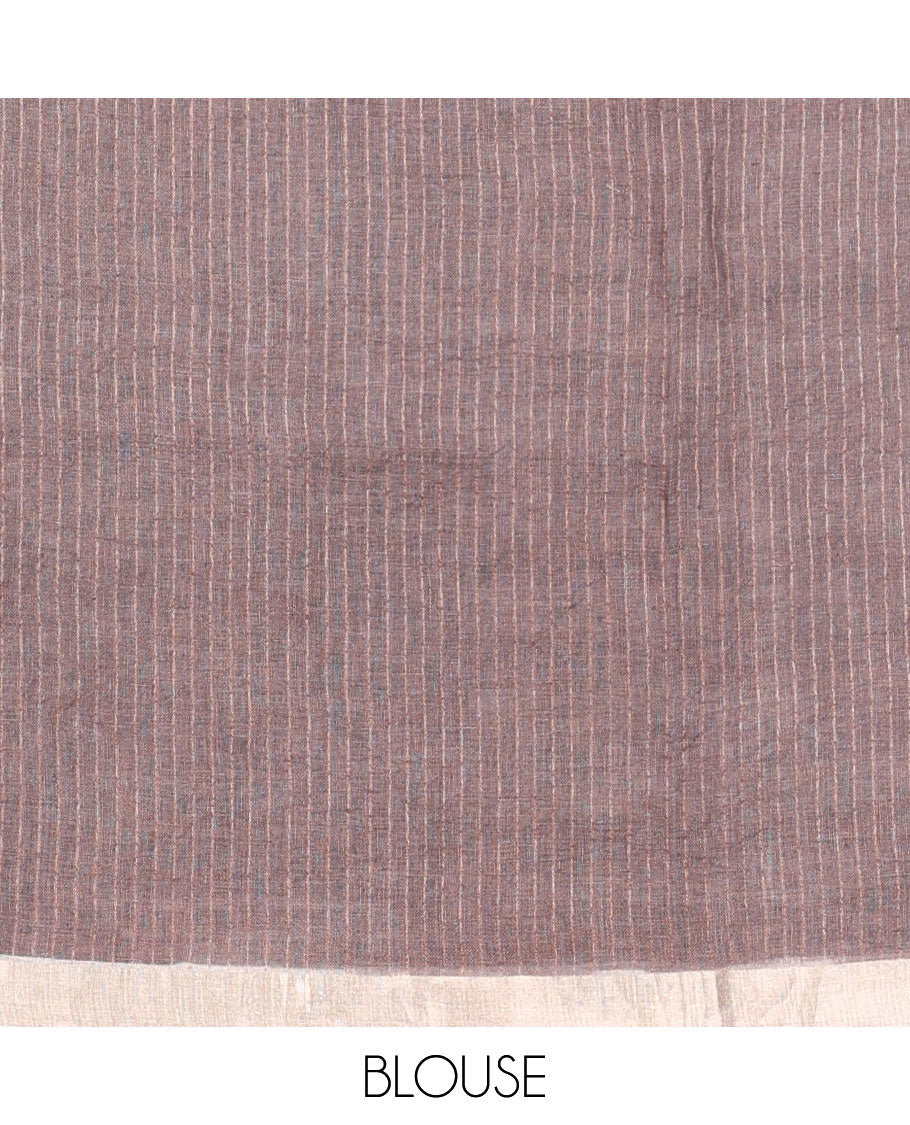 Brown and white stripes printed linen saree, zari border & pallu of stripes