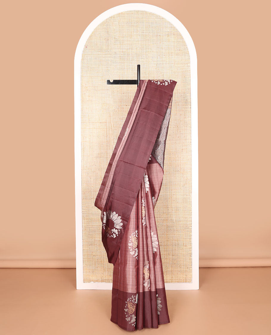 Maroon checked, buttas mayuri soft silk saree with contrast floral buttas border & floral design pallu