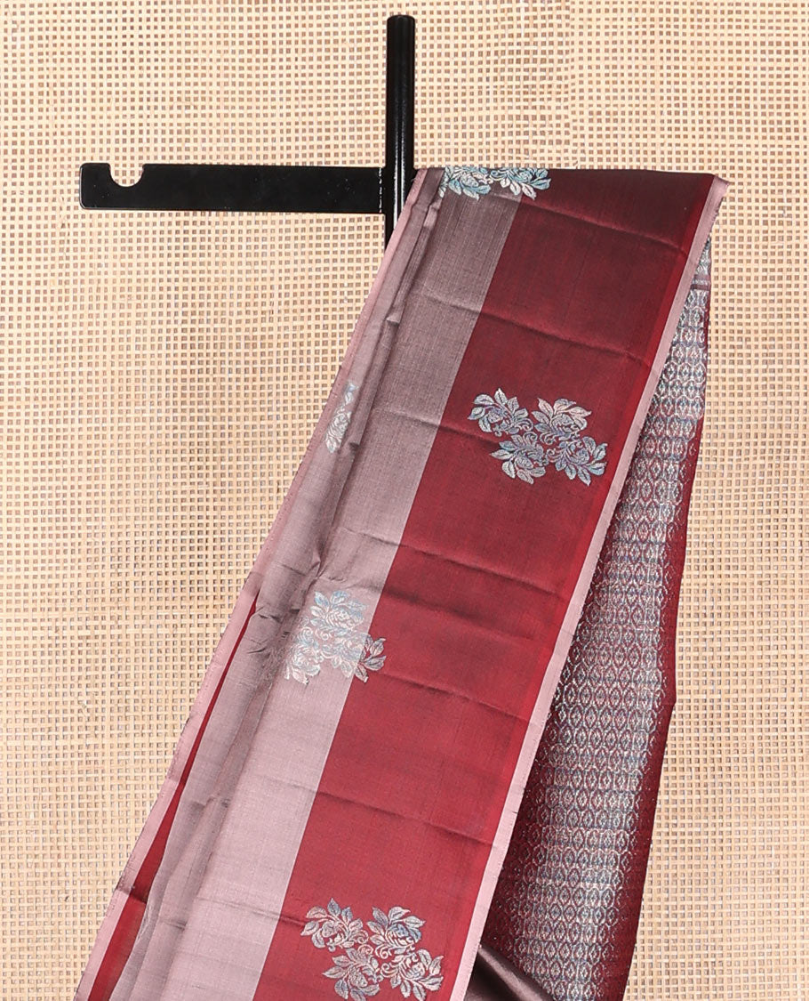 Pink soft silk saree with zari floral buttas, contrast floral design border & zari-rich jaal pallu