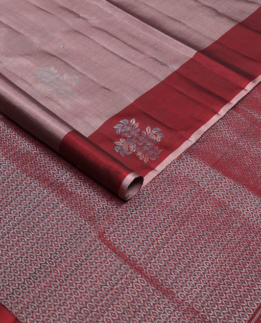 Pink soft silk saree with zari floral buttas, contrast floral design border & zari-rich jaal pallu