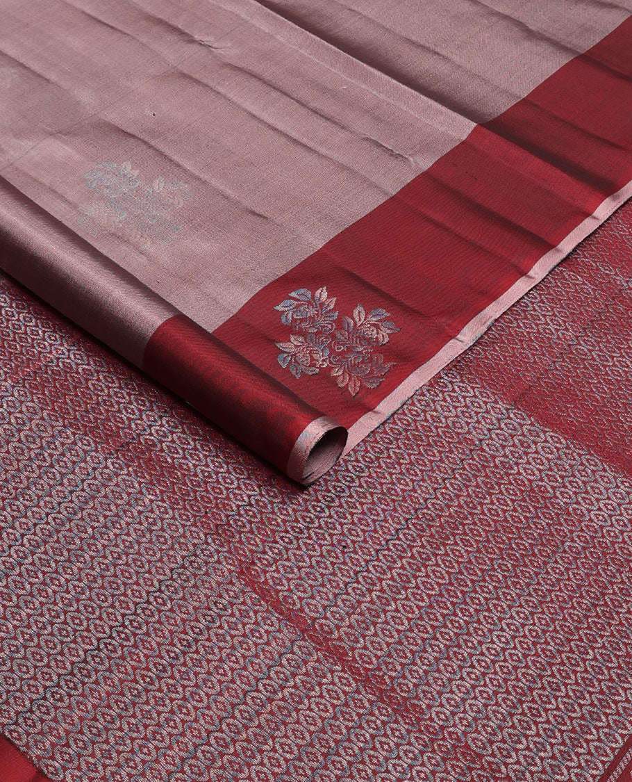 Pink soft silk saree with zari floral buttas, contrast floral design border & zari-rich jaal pallu