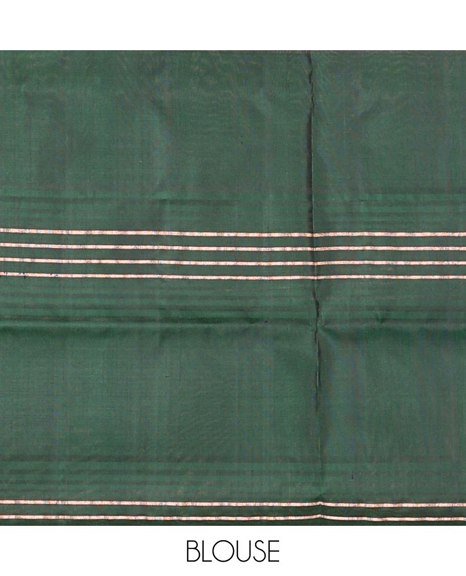 Borderless green stripes soft silk saree, self-pallu of polka dottes and stripes