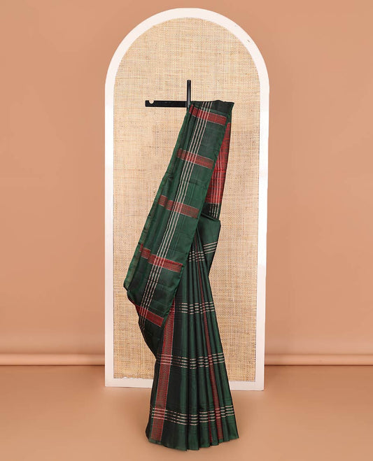 Borderless green stripes soft silk saree, self-pallu of polka dottes and stripes