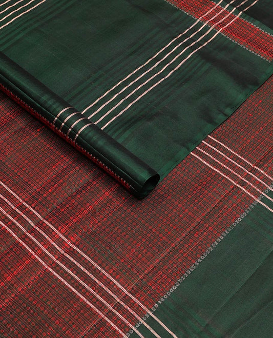 Borderless green stripes soft silk saree, self-pallu of polka dottes and stripes