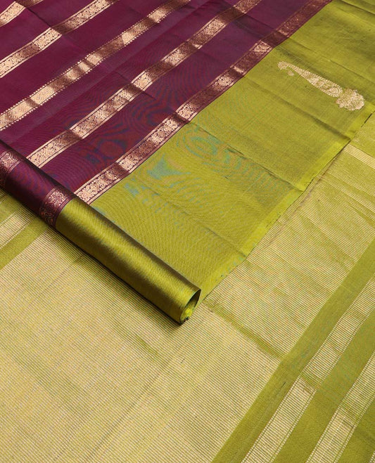 Purple zari design soft silk saree, contrast manga jhumka zari border, and zari striped pallu