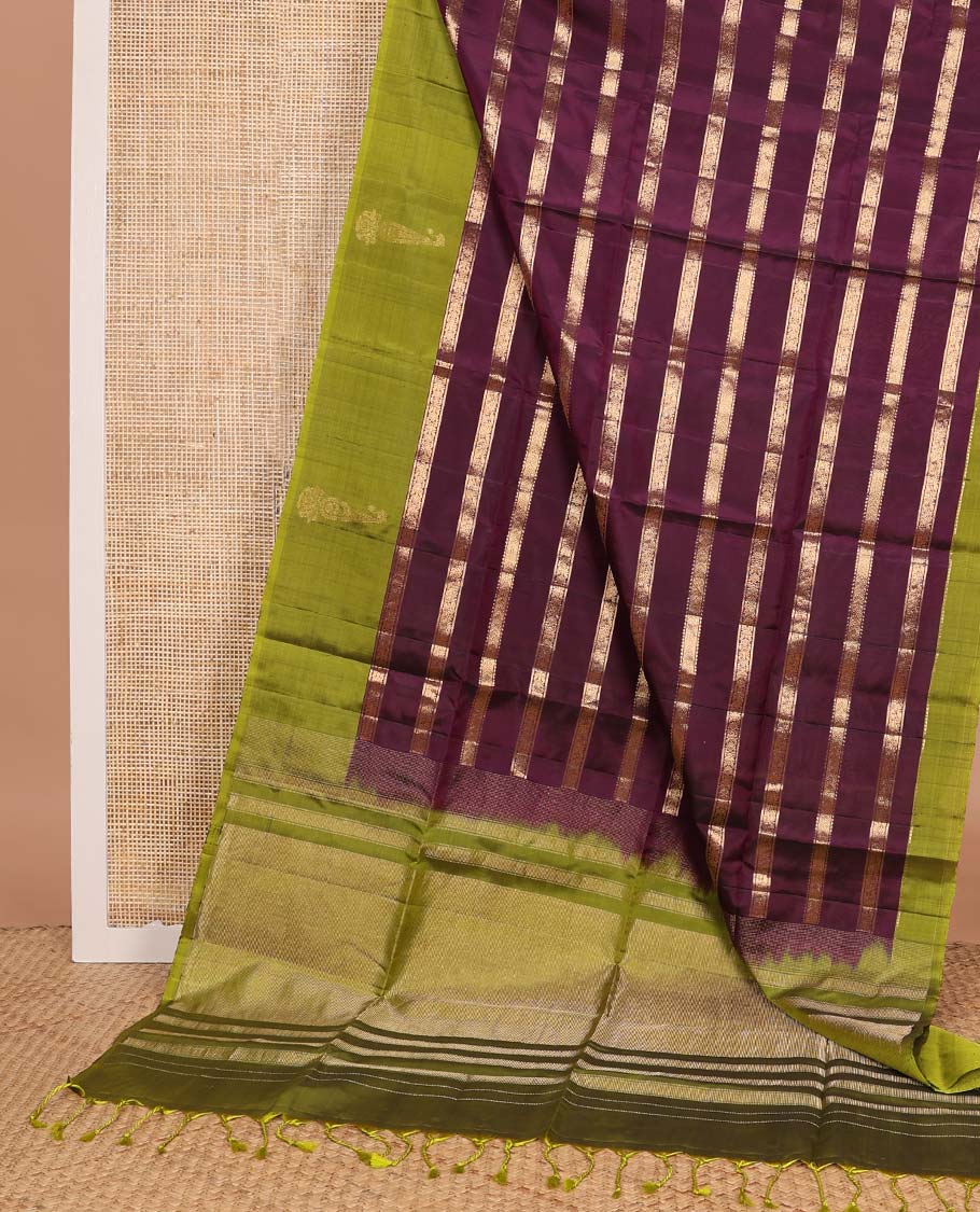 Purple zari design soft silk saree, contrast manga jhumka zari border, and zari striped pallu