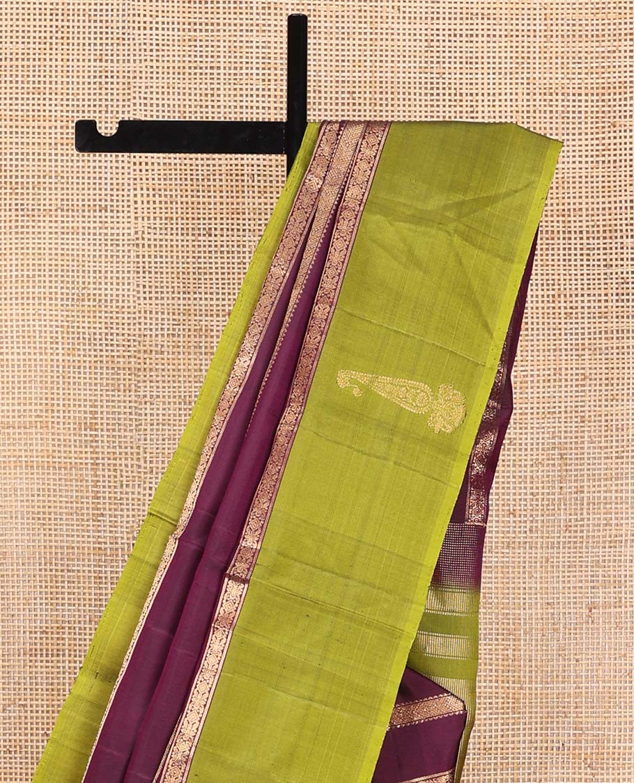 Purple zari design soft silk saree, contrast manga jhumka zari border, and zari striped pallu