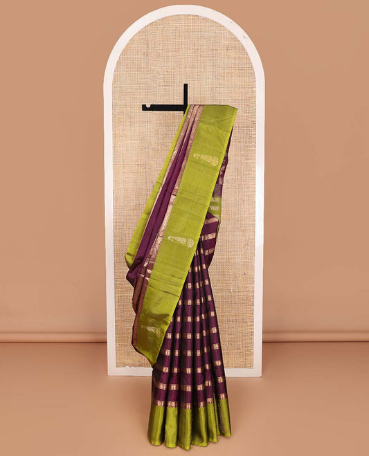 Purple zari design soft silk saree, contrast manga jhumka zari border, and zari striped pallu
