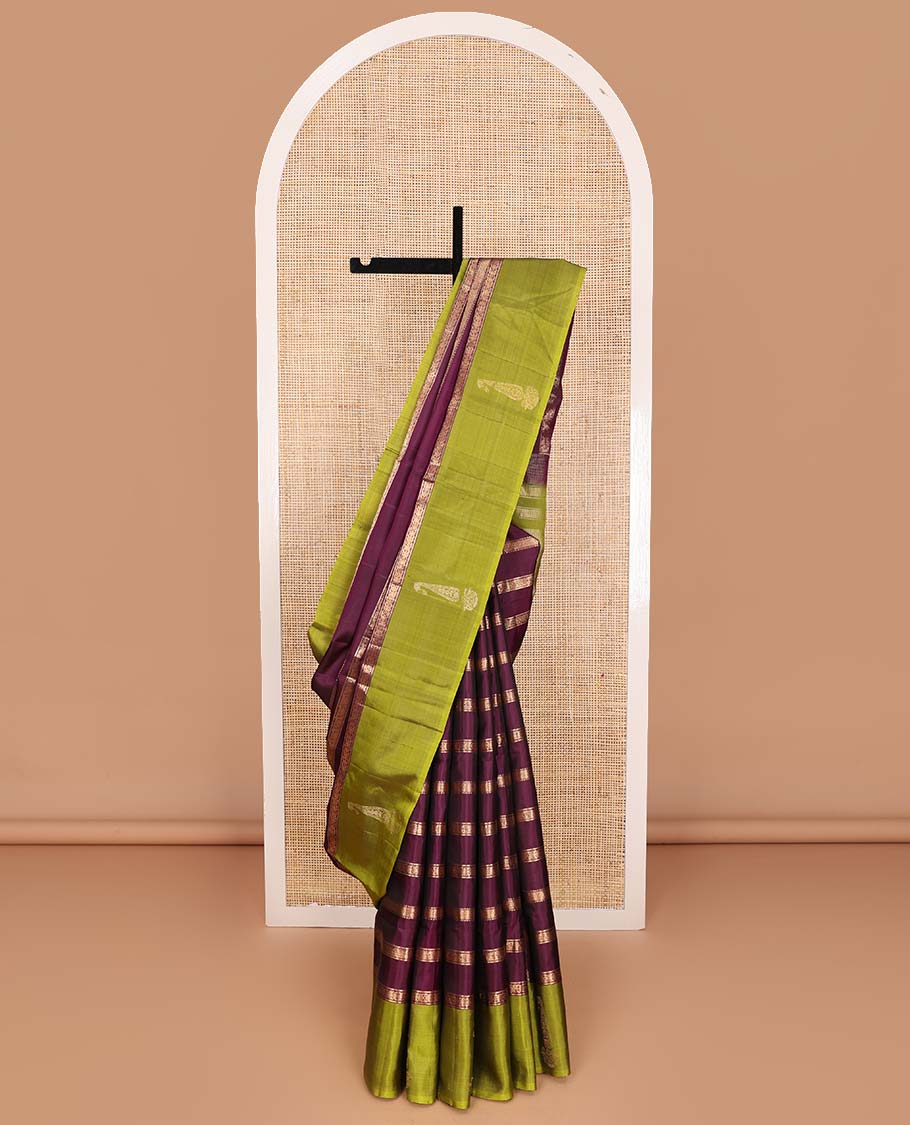 Purple zari design soft silk saree, contrast manga jhumka zari border, and zari striped pallu