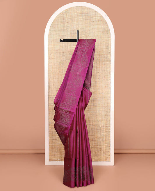 Borderless purple zari striped and floral-bird motifs woven soft silk saree, zari woven pallu