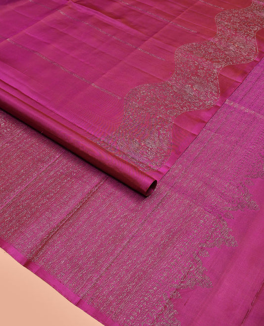 Borderless purple zari striped and floral-bird motifs woven soft silk saree, zari woven pallu