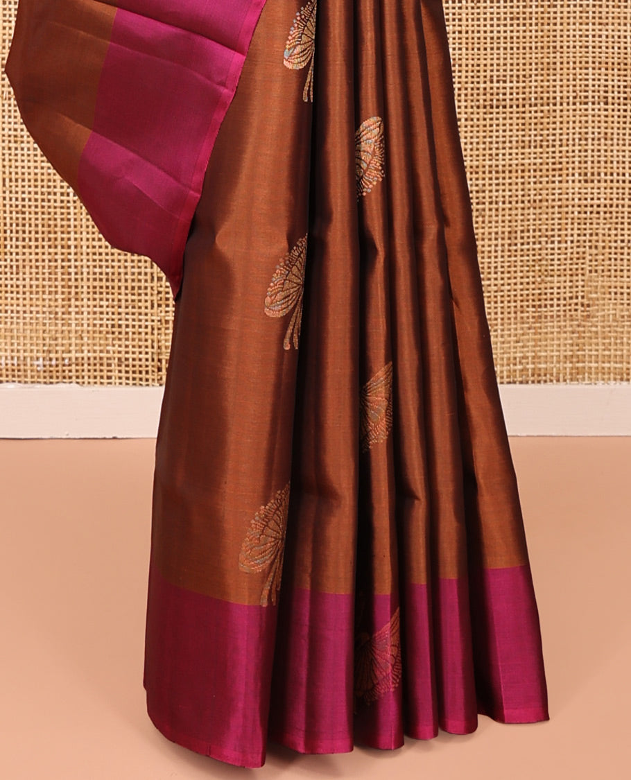 Brown Mayuri Soft Silk Saree, Detailed with Buttas All Over the Body, Complemented by a Contrast Border, Contrast Intricately Designed Pallu, and Paired with a Contrast Blouse