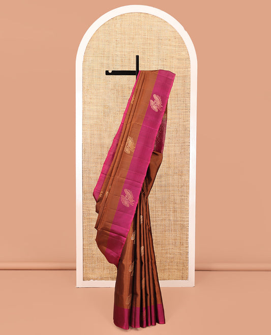 Brown Mayuri Soft Silk Saree, Detailed with Buttas All Over the Body, Complemented by a Contrast Border, Contrast Intricately Designed Pallu, and Paired with a Contrast Blouse