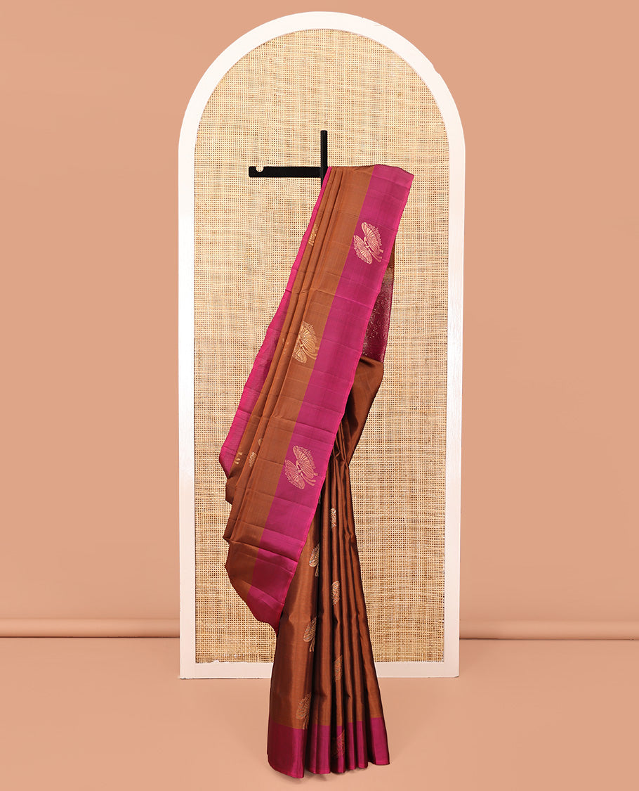 Brown Mayuri Soft Silk Saree, Detailed with Buttas All Over the Body, Complemented by a Contrast Border, Contrast Intricately Designed Pallu, and Paired with a Contrast Blouse