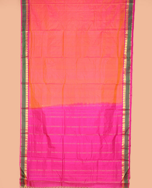 Orange vazhaipoo striped ten-yard silk saree, contrast rettai pettu border of kathir & kuyil kann manga design & zari striped pallu