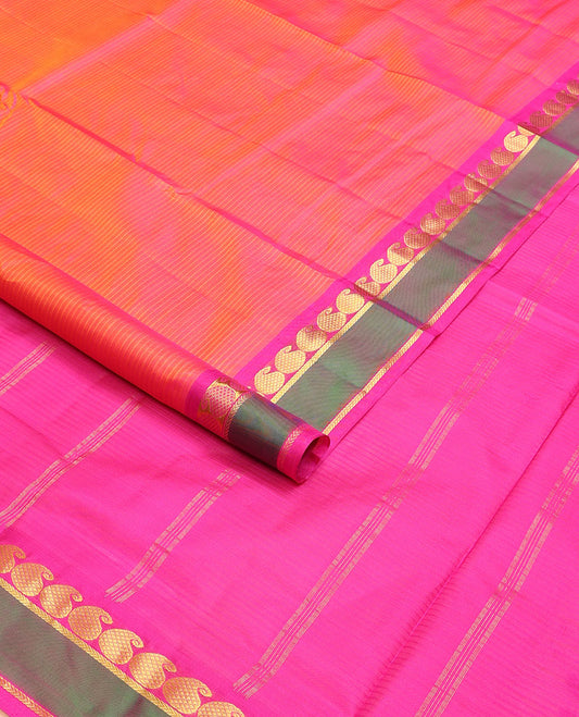 Orange vazhaipoo striped ten-yard silk saree, contrast rettai pettu border of kathir & kuyil kann manga design & zari striped pallu