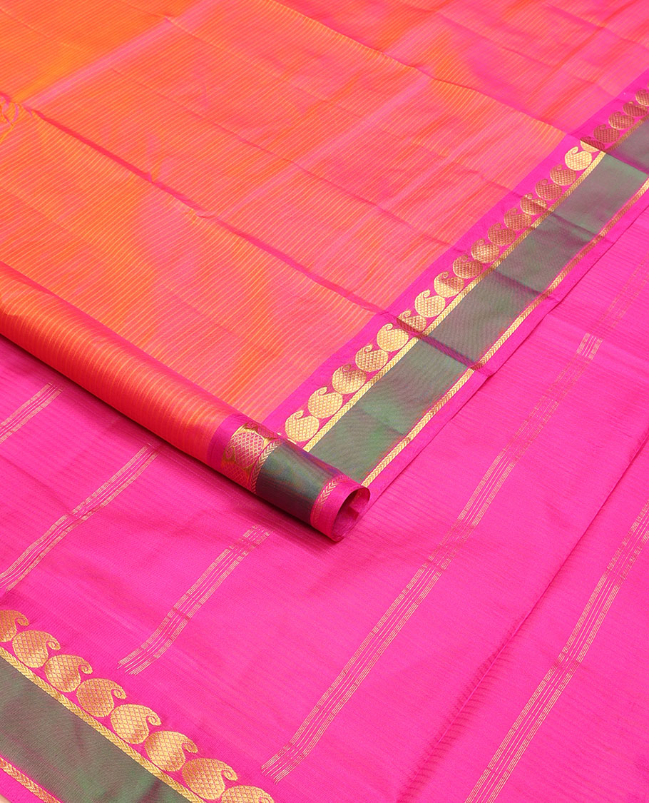 Orange vazhaipoo striped ten-yard silk saree, contrast rettai pettu border of kathir & kuyil kann manga design & zari striped pallu