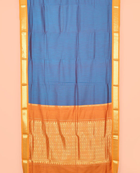 Blue Plain Nine-Yard Art Silk Saree, Complemented by a Contrast Traditional Zari Design Border, Gandly Zari Decked Up Pallu, and Comes Without a Blouse