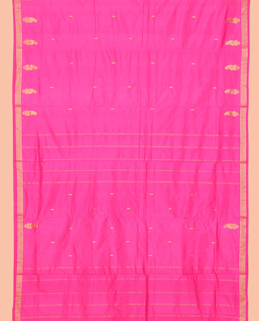 Rani Pink Zari Buttas Nine-Yard Saree, Highlighted by a Zari Traditional Border, Self-Pallu of Buttas and Stripes, and No Blouse