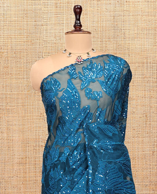 Blue Organza Saree, Beautifully Bedecked with Floral Sequins-Thread Embroidery, Scallop-Embroidered Border, and a Matching Blouse
