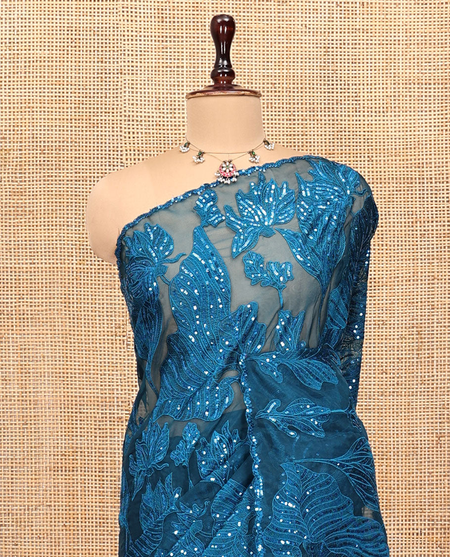Blue Organza Saree, Beautifully Bedecked with Floral Sequins-Thread Embroidery, Scallop-Embroidered Border, and a Matching Blouse