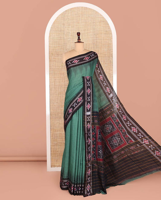 Green Plain Odisha Cotton Saree, Complemented by a Contrast Ikkat Pasapalli-Checks Border, Pallu of Intricate Ikkat Weave, and Comes Without a Blouse