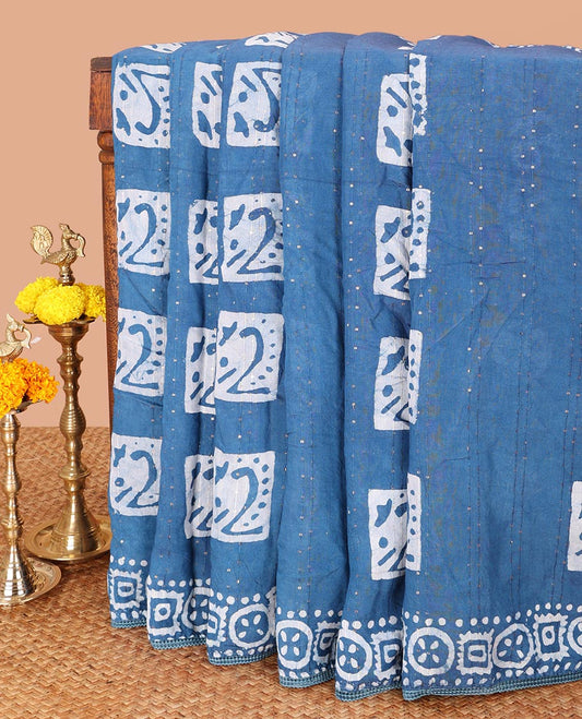Blue pathick printed sequins work masraise cotton saree with lace printed border & pathiick print rich pallu along with running blouse