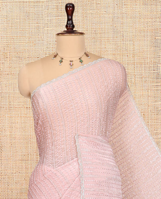 Dusky Pink Fendi Chiffon Saree, Bead Embroidery, a Scalloped Border, a Matching Blouse