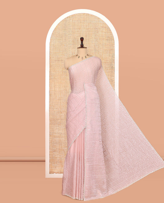 Dusky Pink Fendi Chiffon Saree, Bead Embroidery, a Scalloped Border, a Matching Blouse