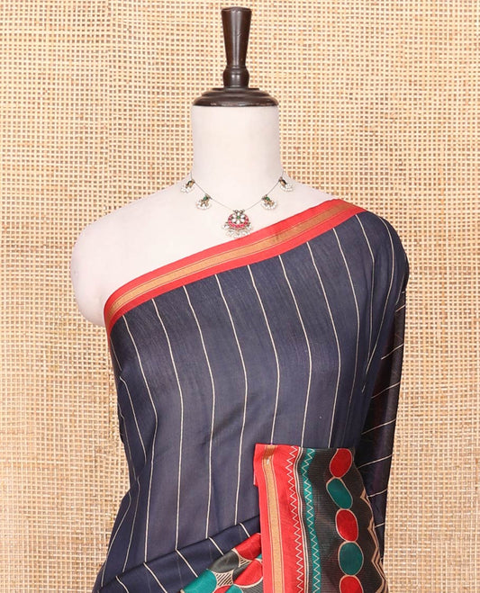 Blue Printed Silk Saree Subtly Imaged With Vertical Stripes On Its Body, Complemented By A Contrast Geometric Motif Printed Border, Pallu Steeped With Geometric Motif Print, And A Contrast Blouse