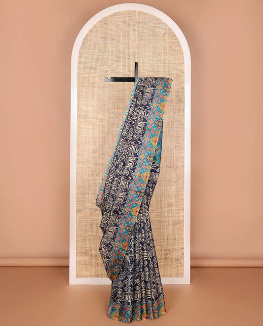 Blue geometric design printed silk saree with ikkat style border & floral ikkat style pallu