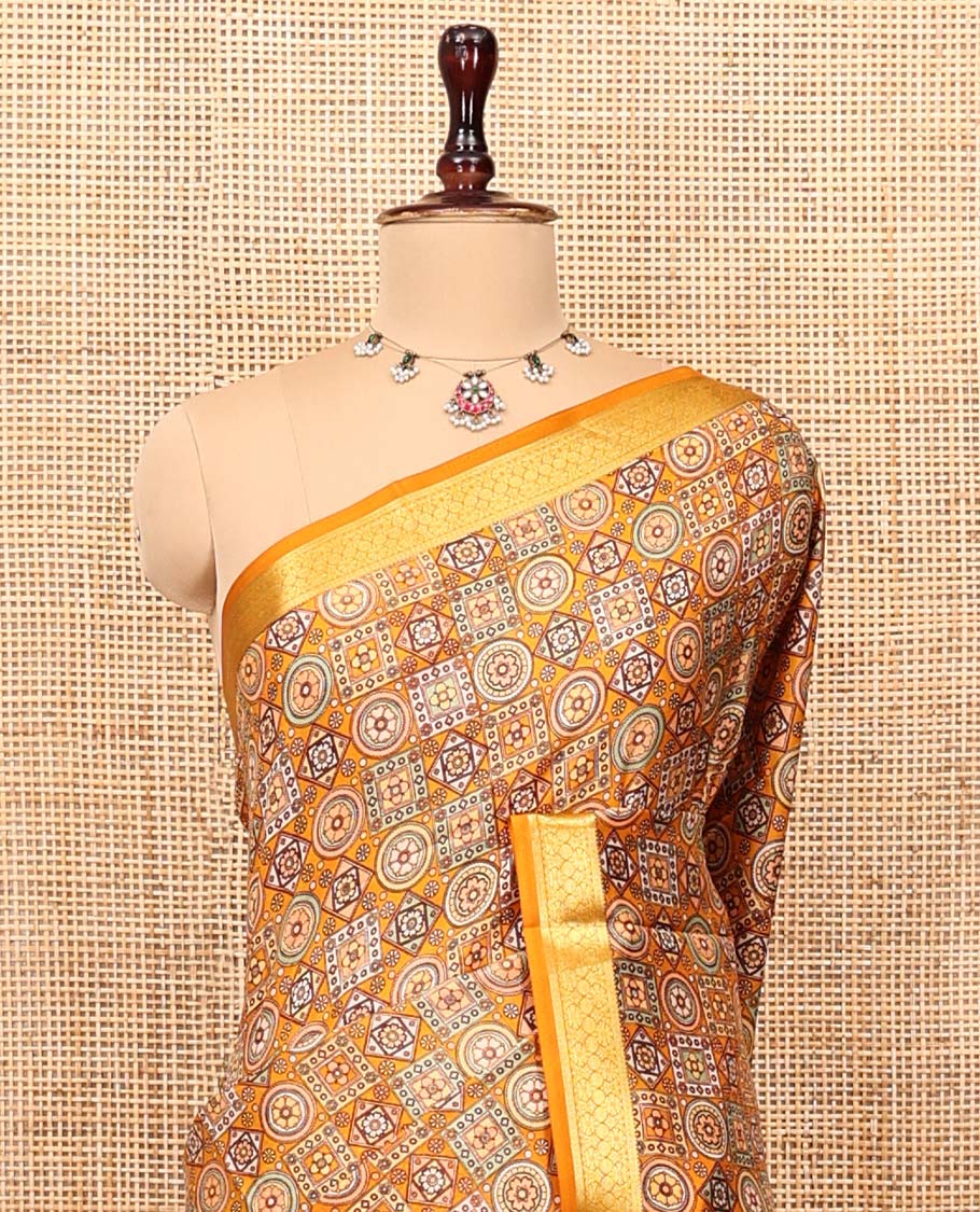 Yellow Printed Silk Saree, Decorated with Geometric Prints, Highlighted by a Traditional Zari Border, Printed Pallu, and a Matching Blouse