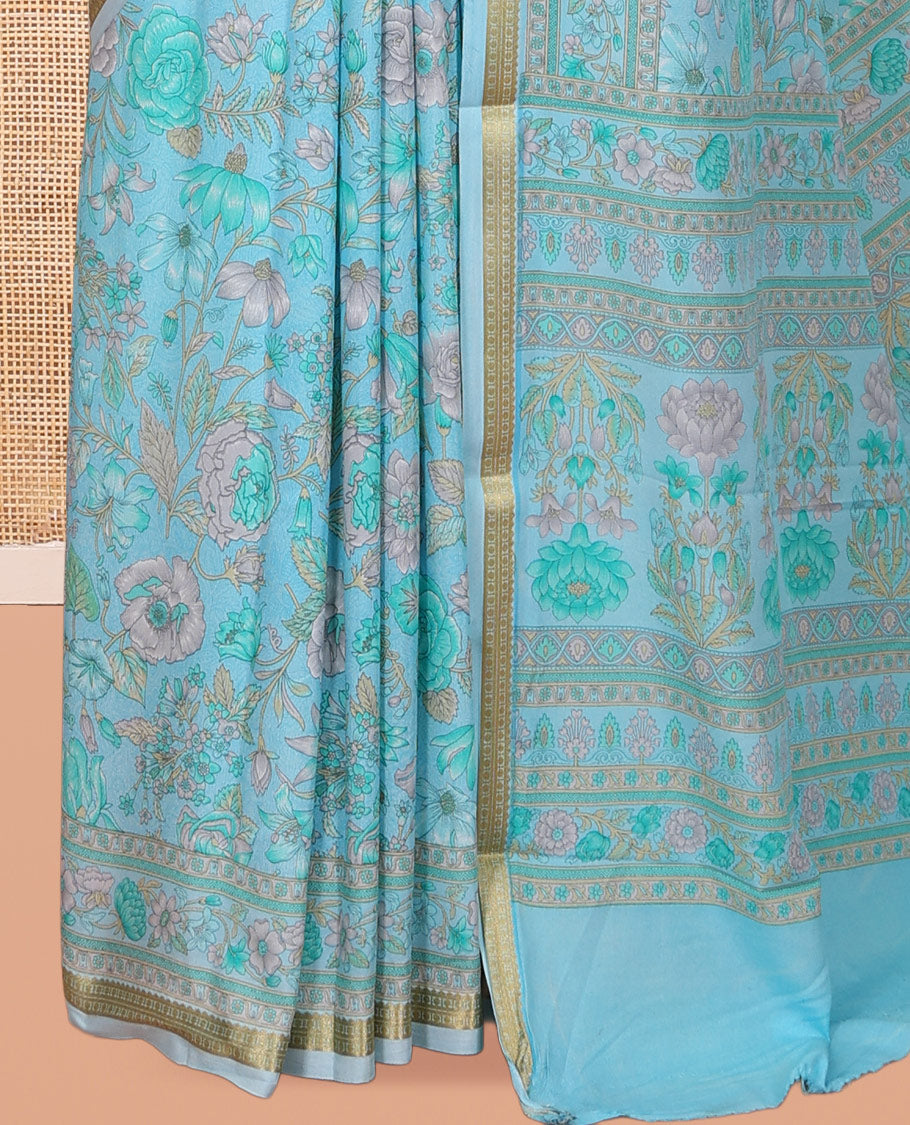 Blue Printed Silk Saree, Bedecked with Floral Vine Print, a Traditional Zari Piping Border, Floral Pallu, and a Matching Blouse
