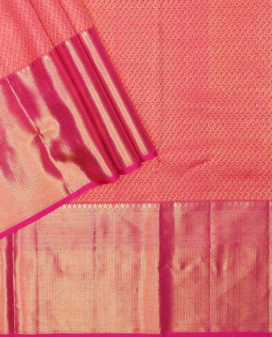 Red pure silk half-saree, jacquard skirt, contrast border of thilakam, mayil kann and vanki designs, and contrast zari design blouse, and jaal dhavani