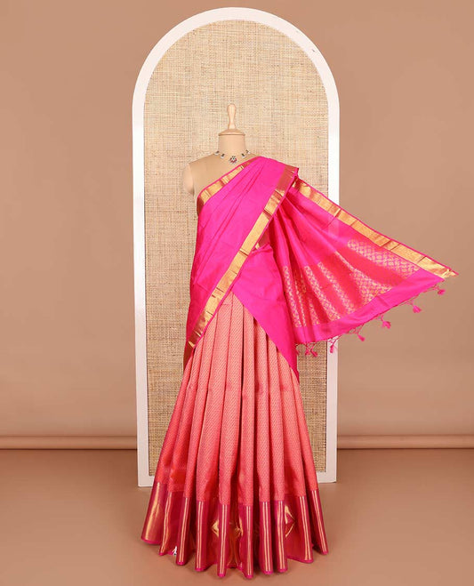 Red pure silk half-saree, jacquard skirt, contrast border of thilakam, mayil kann and vanki designs, and contrast zari design blouse, and jaal dhavani