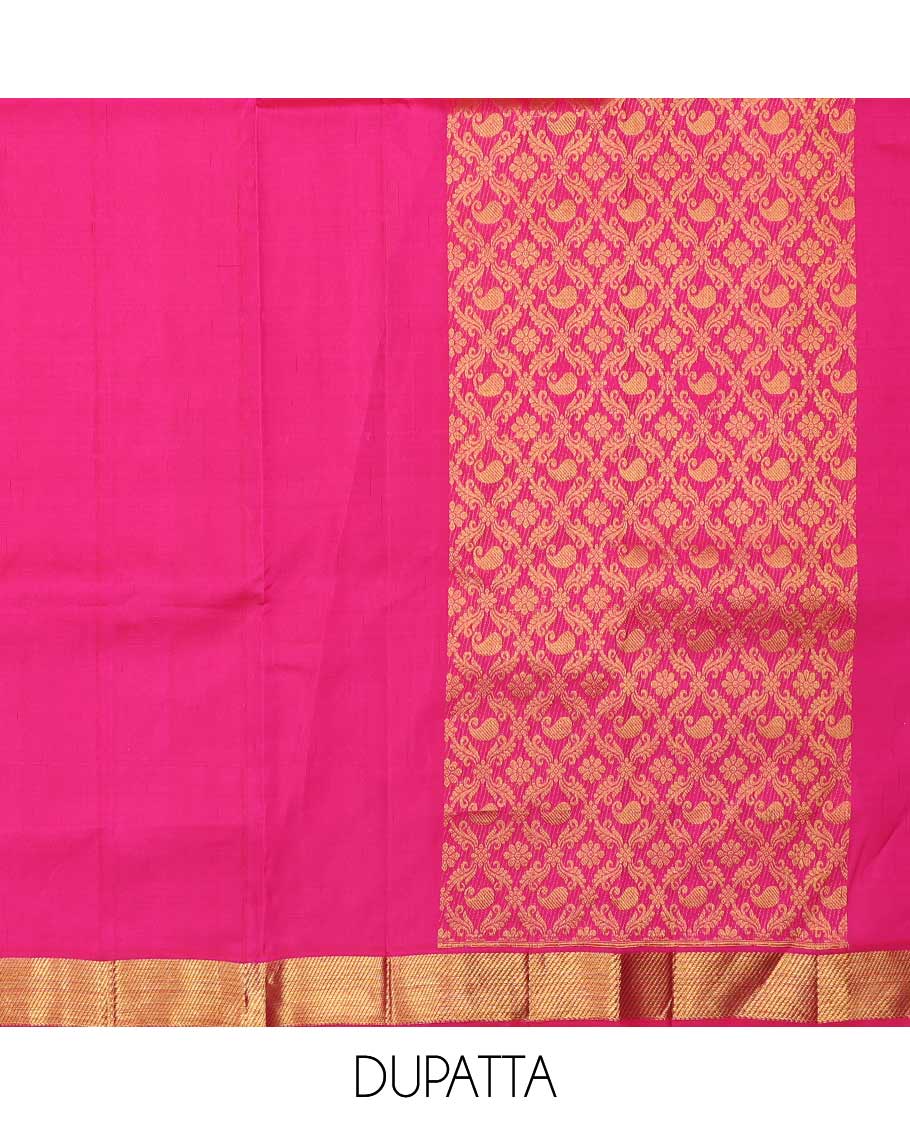 Red pure silk half-saree, jacquard skirt, contrast border of thilakam, mayil kann and vanki designs, and contrast zari design blouse, and jaal dhavani