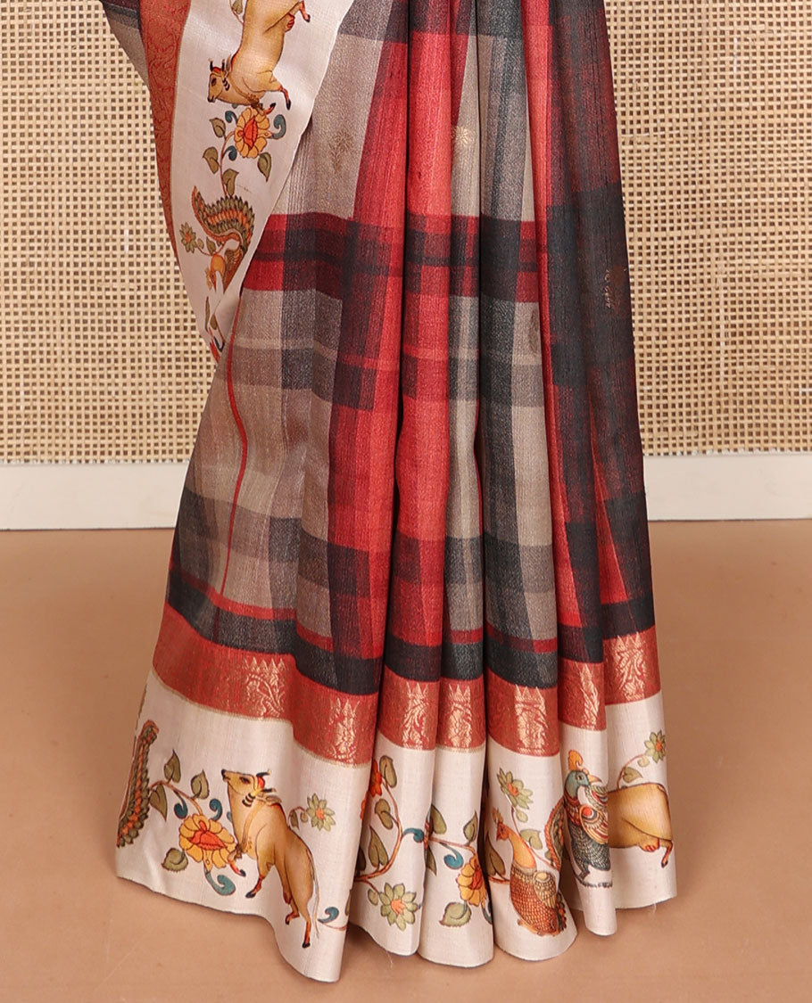 Multi-color checked & buttas tussar saree, contrast border of traditional zari design & multi-color pichwai floral & cow print & zari striped pallu
