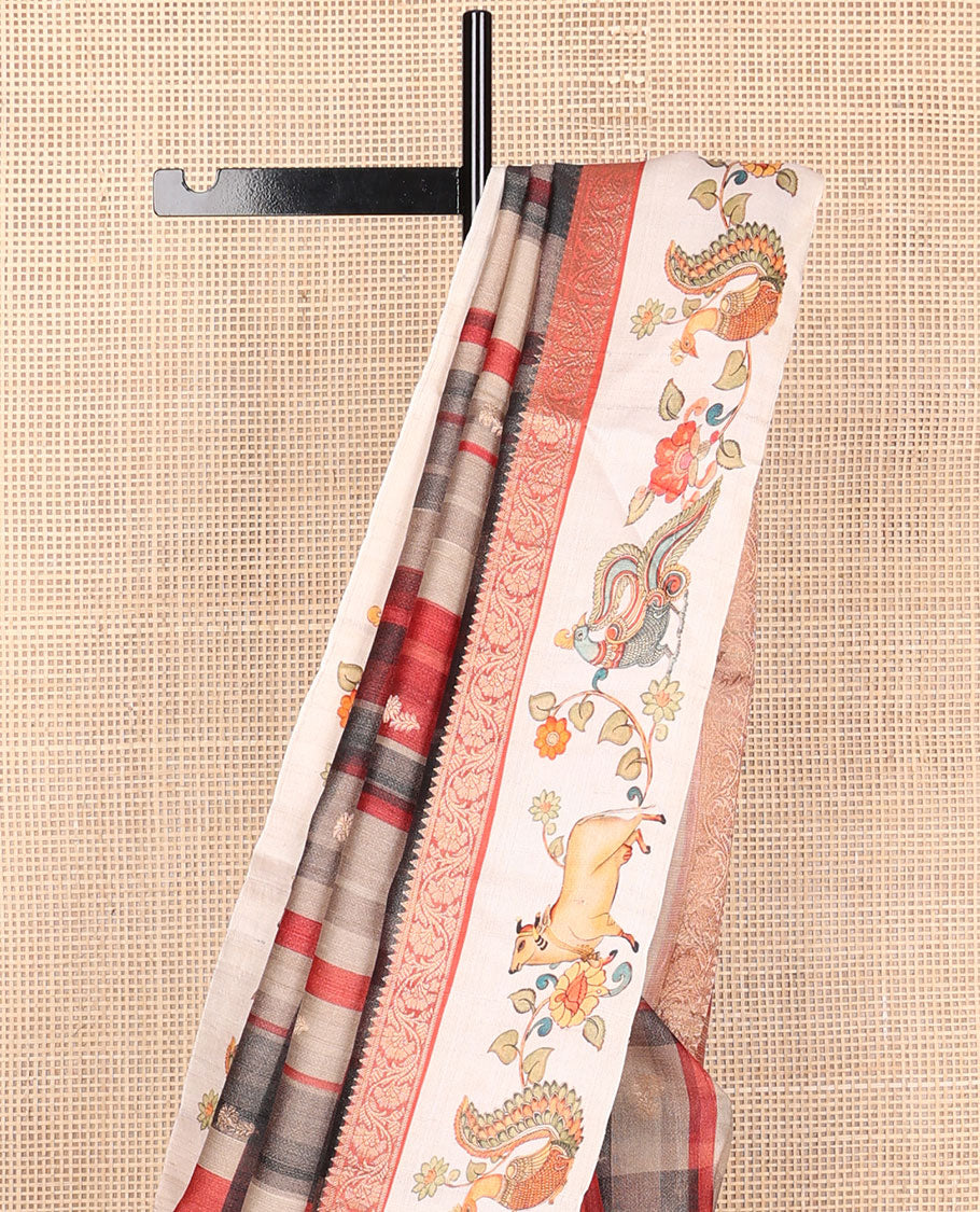 Multi-color checked & buttas tussar saree, contrast border of traditional zari design & multi-color pichwai floral & cow print & zari striped pallu