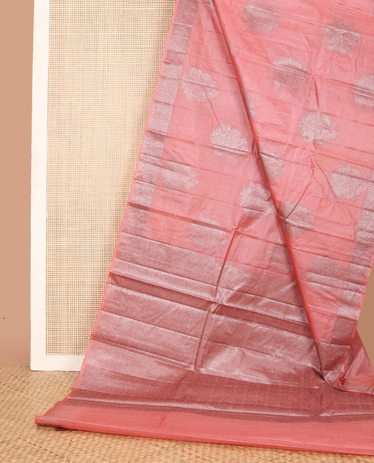Pink zari buttas tussar saree, floral creeper zari design border & intricately designed pallu