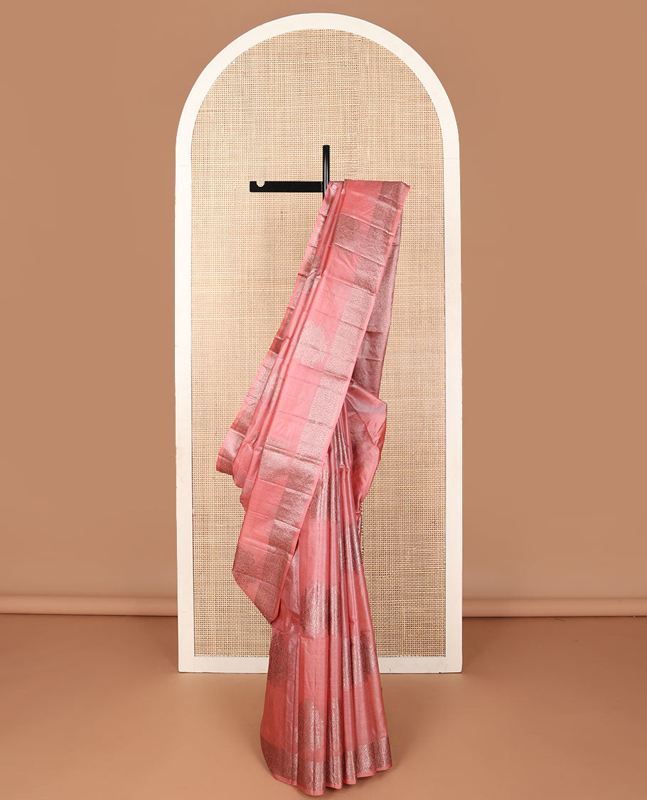 Pink zari buttas tussar saree, floral creeper zari design border & intricately designed pallu