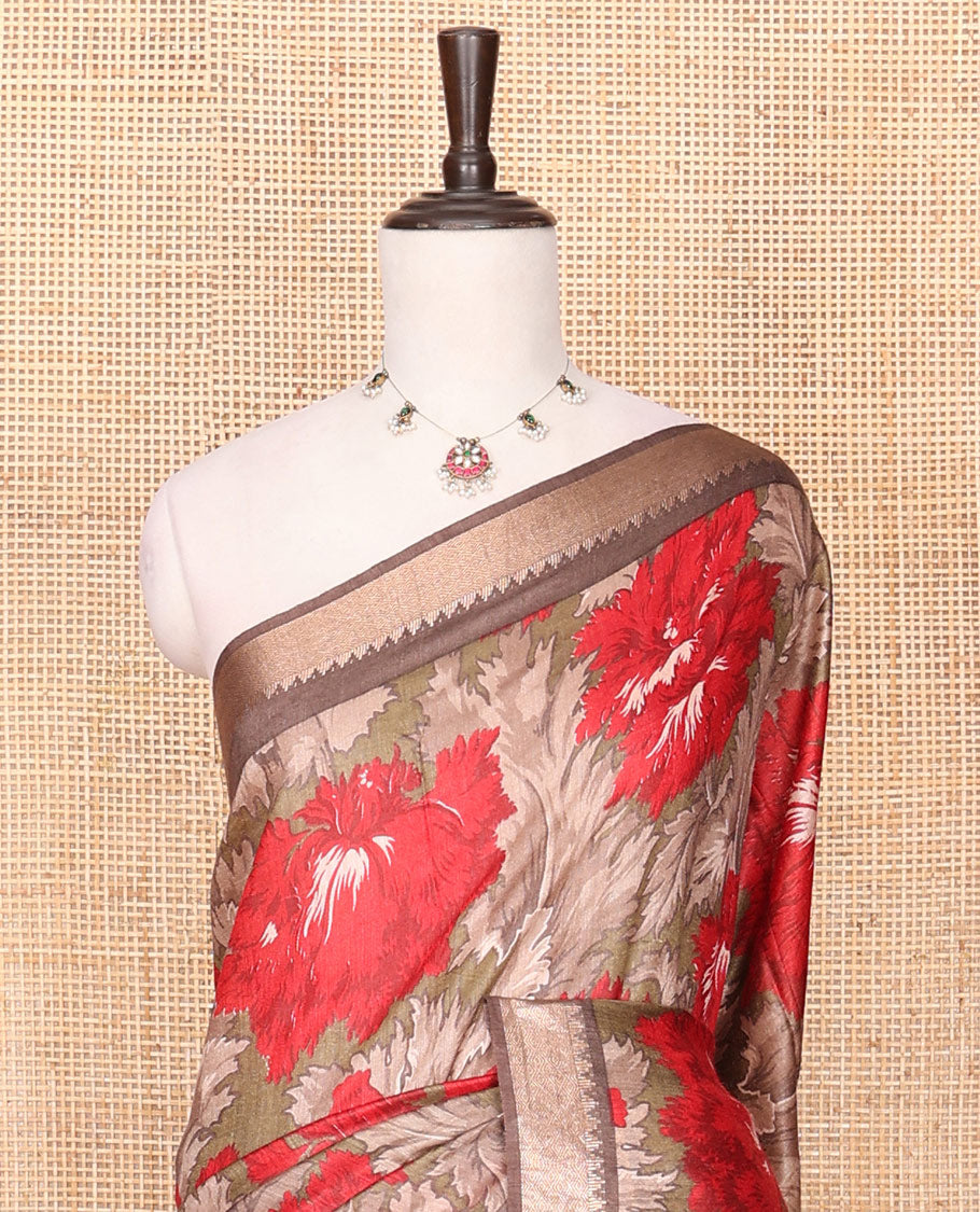 Brown Tussar Saree Accentuated with Floral Print, Temple Zari Border, Zari Striped Pallu, and a Matching Blouse of Zari Border