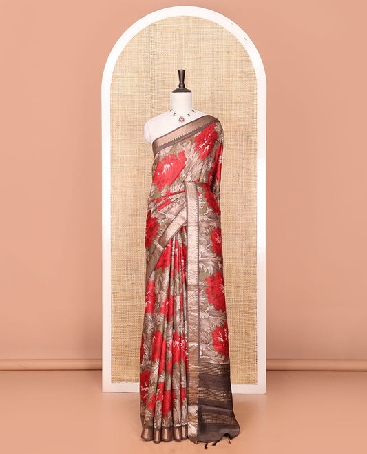 Brown Tussar Saree Accentuated with Floral Print, Temple Zari Border, Zari Striped Pallu, and a Matching Blouse of Zari Border