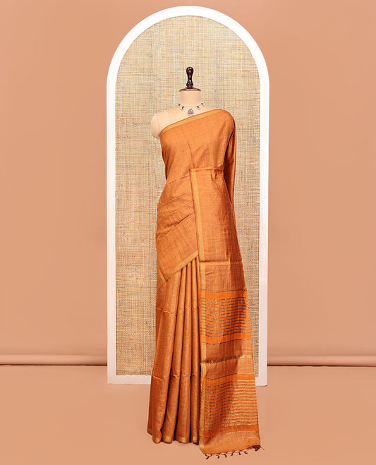 Orange Tussar Silk Saree, Sparsely Threaded with Stripes, a Subtle Border, a Striped Pallu, and a Matching Blouse