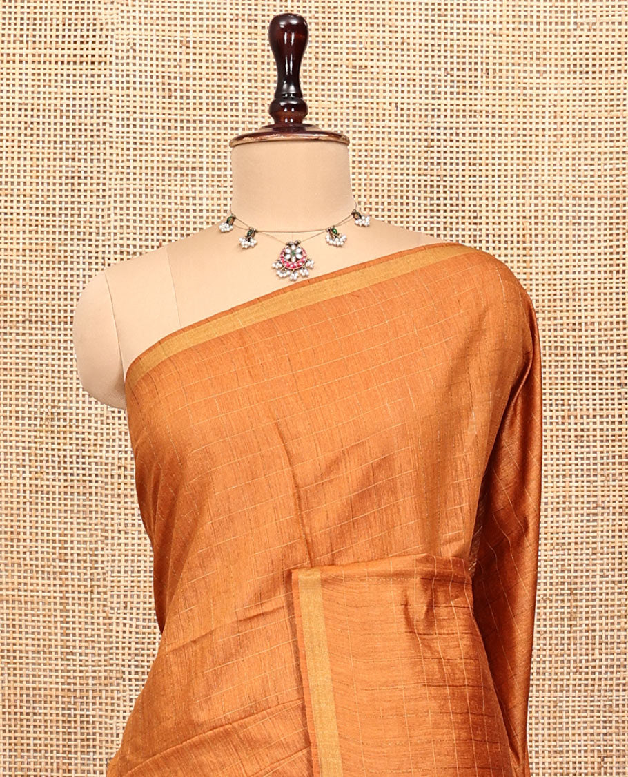 Orange Tussar Silk Saree, Sparsely Threaded with Stripes, a Subtle Border, a Striped Pallu, and a Matching Blouse
