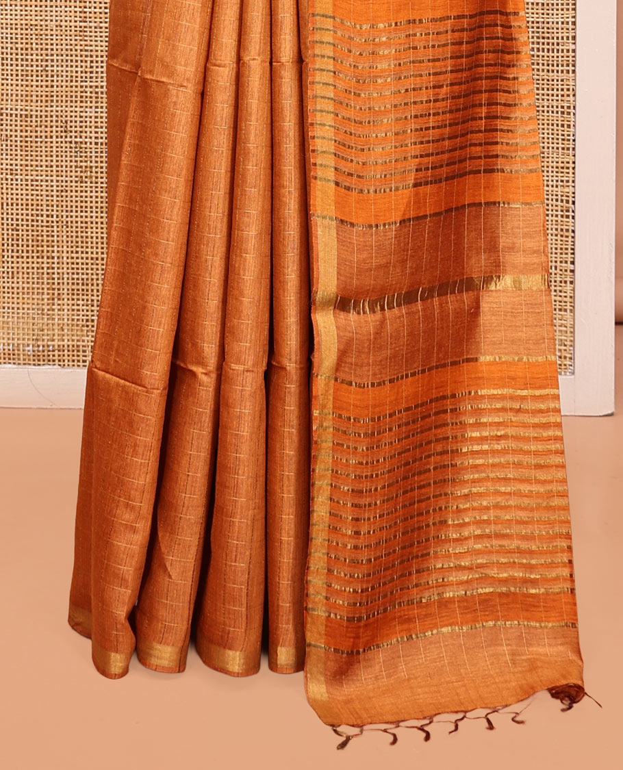 Orange Tussar Silk Saree, Sparsely Threaded with Stripes, a Subtle Border, a Striped Pallu, and a Matching Blouse